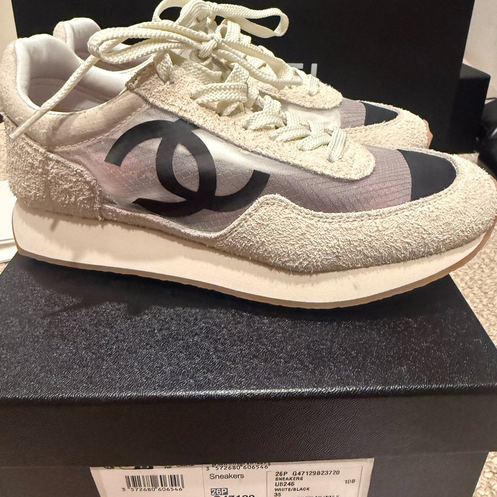 CHANEL Cream and Black Logo Sneakers - Picture 2 of 4